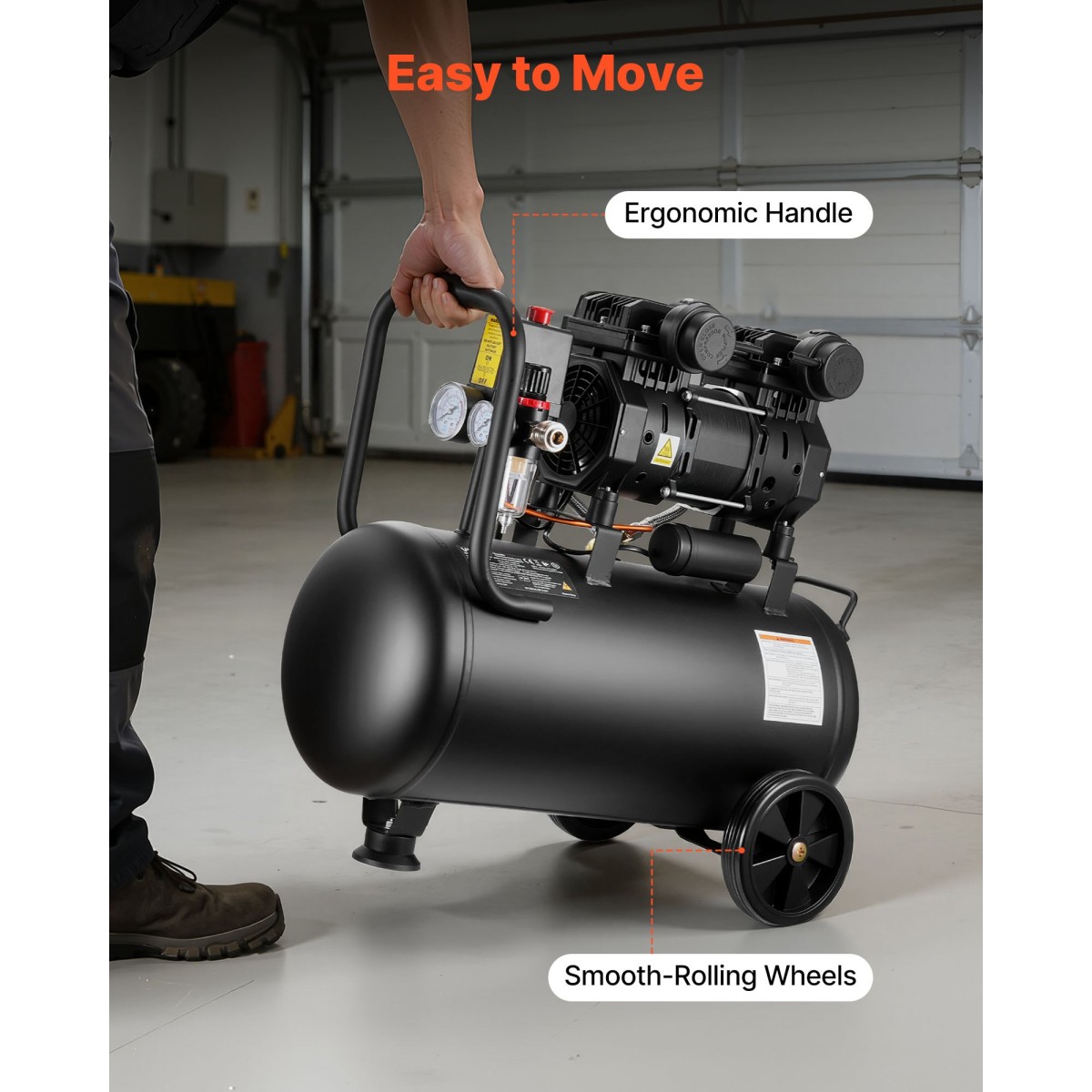 VEVOR 30L Air Compressor, 1,5KW Oil-free Tank Air Compressor, 126 L/min at 6,2 Bar, Max 8 Bar Pressure, Φορητό στους τροχούς για επισκευή αυτοκινήτων, Φούσκωμα ελαστικών, Βαφή με σπρέι, Καρφώματα ξυλουργικής