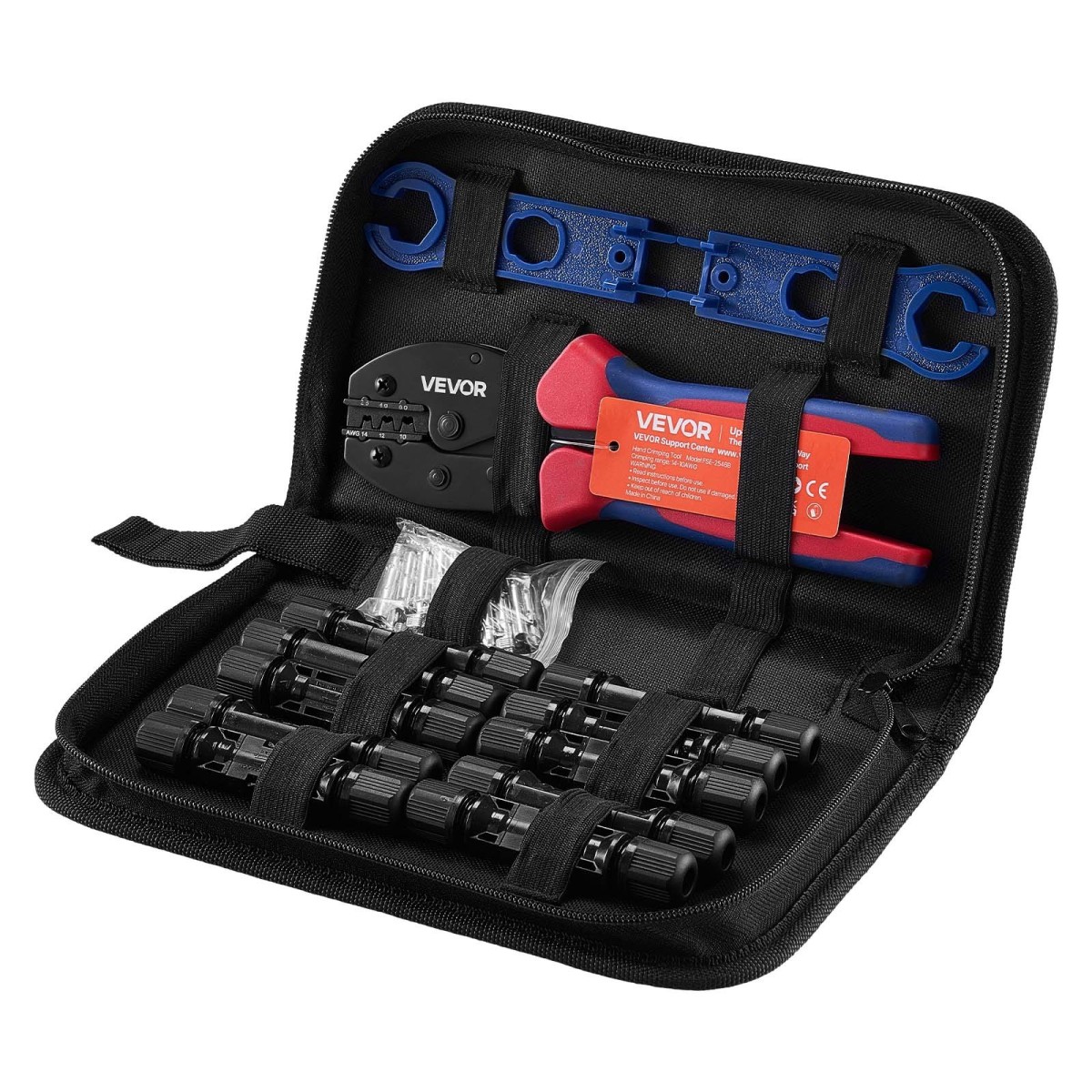 Εργαλείο πτύχωσης VEVOR, 2,5-6 mm² Σετ εργαλείων πτύχωσης ηλιακού συνδετήρα με καστάνια, σαφείς μετρικές σημάνσεις & AWG, με 10 ζεύγη ηλιακών βυσμάτων, 10 ζεύγη συνδέσμων καλωδίων, κλειδιά και θήκη αποθήκευσης