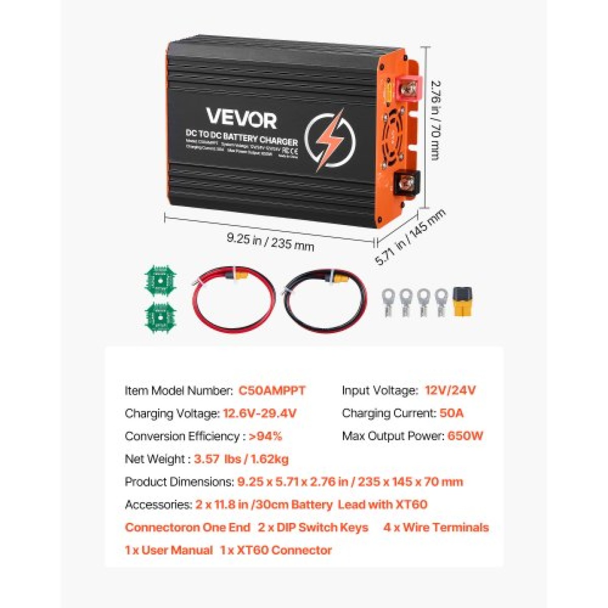 Φορτιστής VEVOR DC σε DC με MPPT, 650W, Φορτιστής μπαταρίας 50A, Διπλή είσοδος ηλιακού πίνακα/εναλλάκτη, έξυπνη φόρτιση πολλαπλών σταδίων για μπαταρίες μολύβδου LiFePO4, για τροχόσπιτα, αυτοκίνητα, εφεδρική τροφοδοσία σπιτιού
