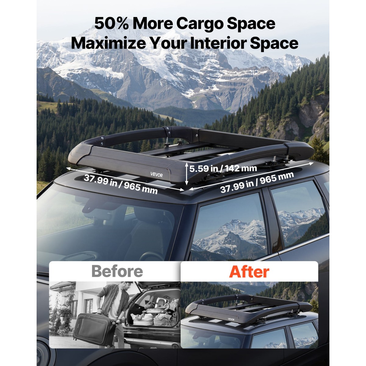 Καλάθι φορτίου VEVOR Roof Rack, 965 x 965 x 142 mm, Universal Heavy Duty Roof Top Carrier Basket, 68,04 kg Χωρητικότητα, Πάνω θήκη αποσκευών αυτοκινήτου παντός καιρού, προσαρμοσμένες ράβδους έως 3,54 x 1,97 ίντσες, για φορτηγό SUV