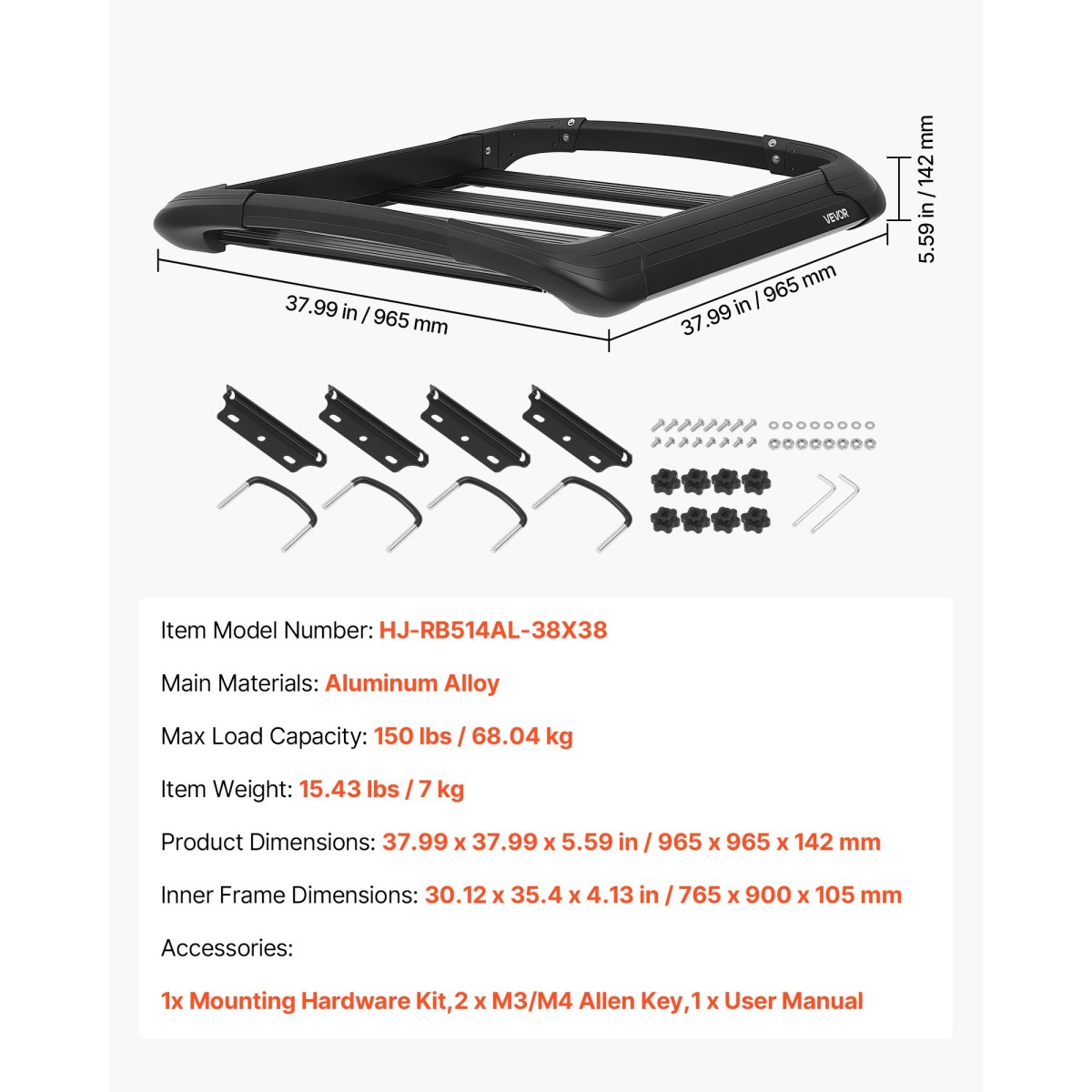 Καλάθι φορτίου VEVOR Roof Rack, 965 x 965 x 142 mm, Universal Heavy Duty Roof Top Carrier Basket, 68,04 kg Χωρητικότητα, Πάνω θήκη αποσκευών αυτοκινήτου παντός καιρού, προσαρμοσμένες ράβδους έως 3,54 x 1,97 ίντσες, για φορτηγό SUV