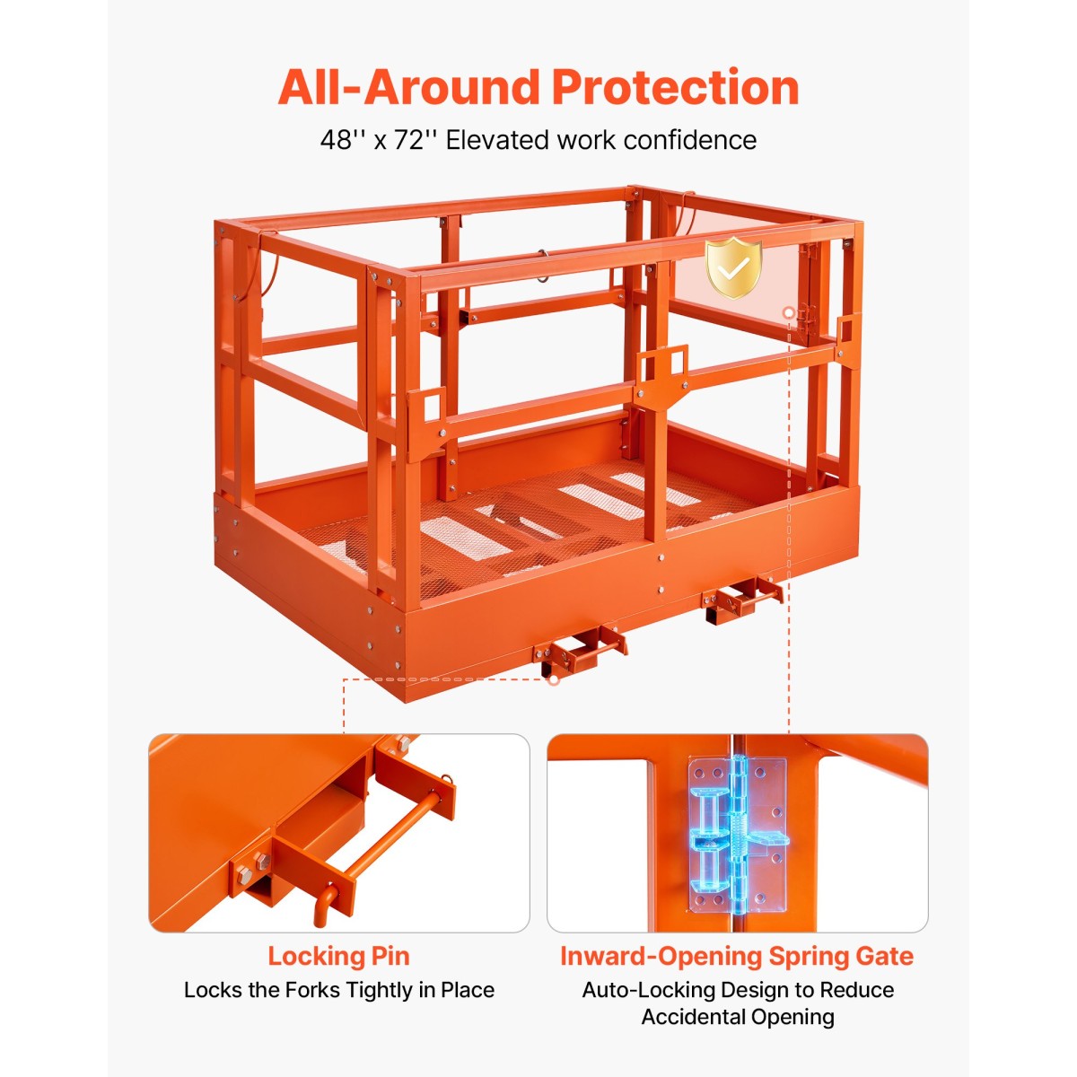 Πλατφόρμα εργασίας VEVOR Mesh Telehandler, 1817 x 1220 mm, Ανδρικό καλάθι ασφαλείας, χωρητικότητα 907,18 kg, Εξάρτημα τηλεχειρισμού περονοφόρου, Κλουβί ασφαλείας, Ανθρακούχο χάλυβα βαρέως τύπου, για τις περισσότερες εναέριες εργασίες Ανύψωση φορτωτή