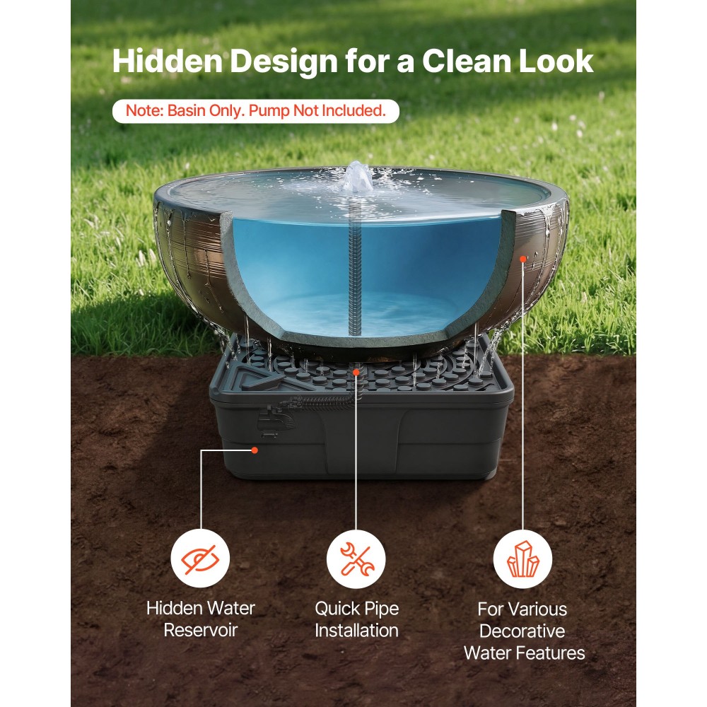 VEVOR Fountain and Water Feature Basin, 762 mm Baspearing Fountain Water Basin for Landscape and Garden, Υποστηρίζει έως 227 kg, Heavy Duty Pond Reservoir for Bubbling Rock & Garden Statues, Μαύρο