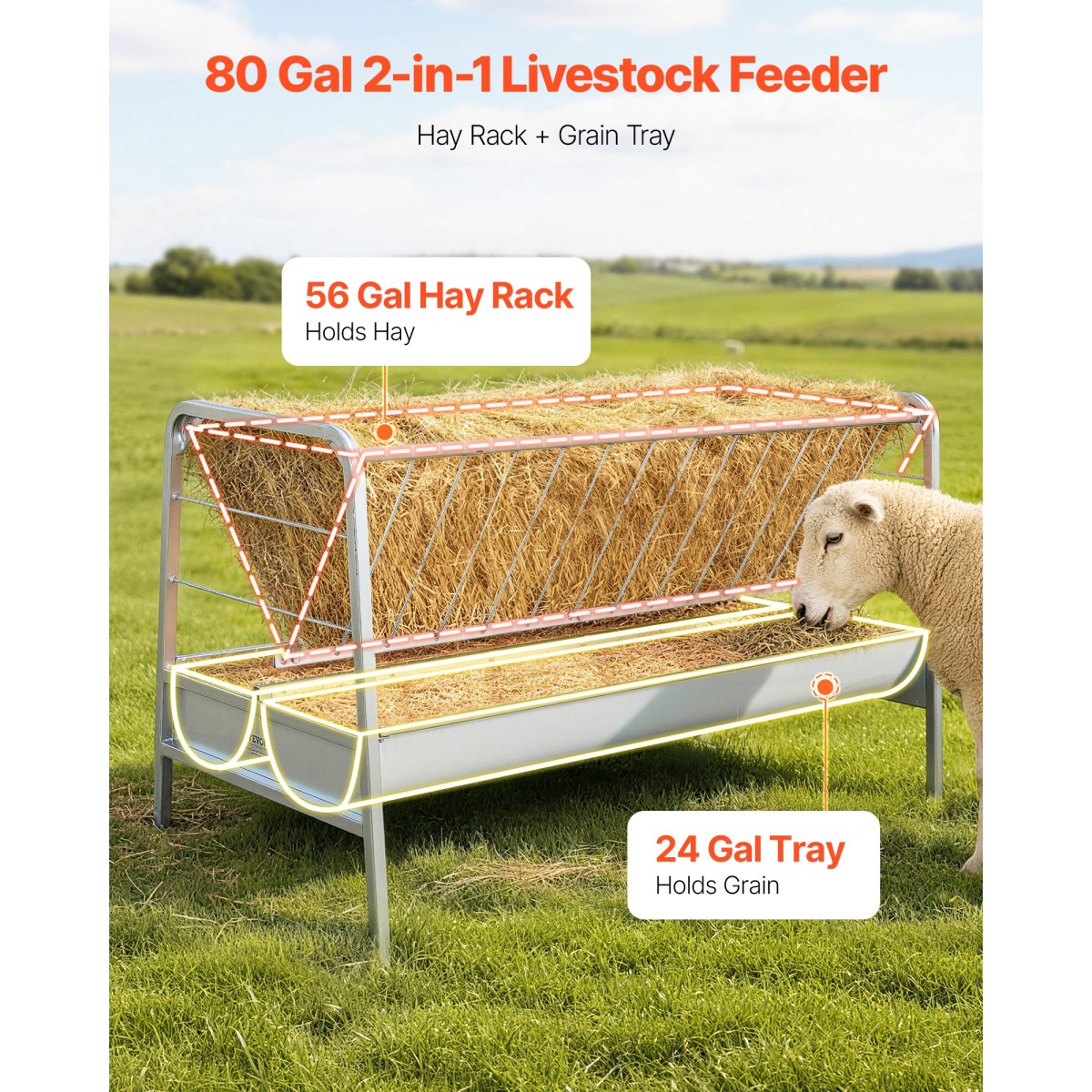VEVOR Livestock Hay Feeder, 2 σε 1 Grain & Hay Feeder, Χωρητικότητα 300L, 147 cm Μήκος Τροφοδοσία Κατσίκας με Βαθύτερη Ταϊφή, Χάλυβας Σιτηροθήκης βαρέως τύπου για πρόβατα, φάρμες, σιταποθήκες αλόγων, αυλές