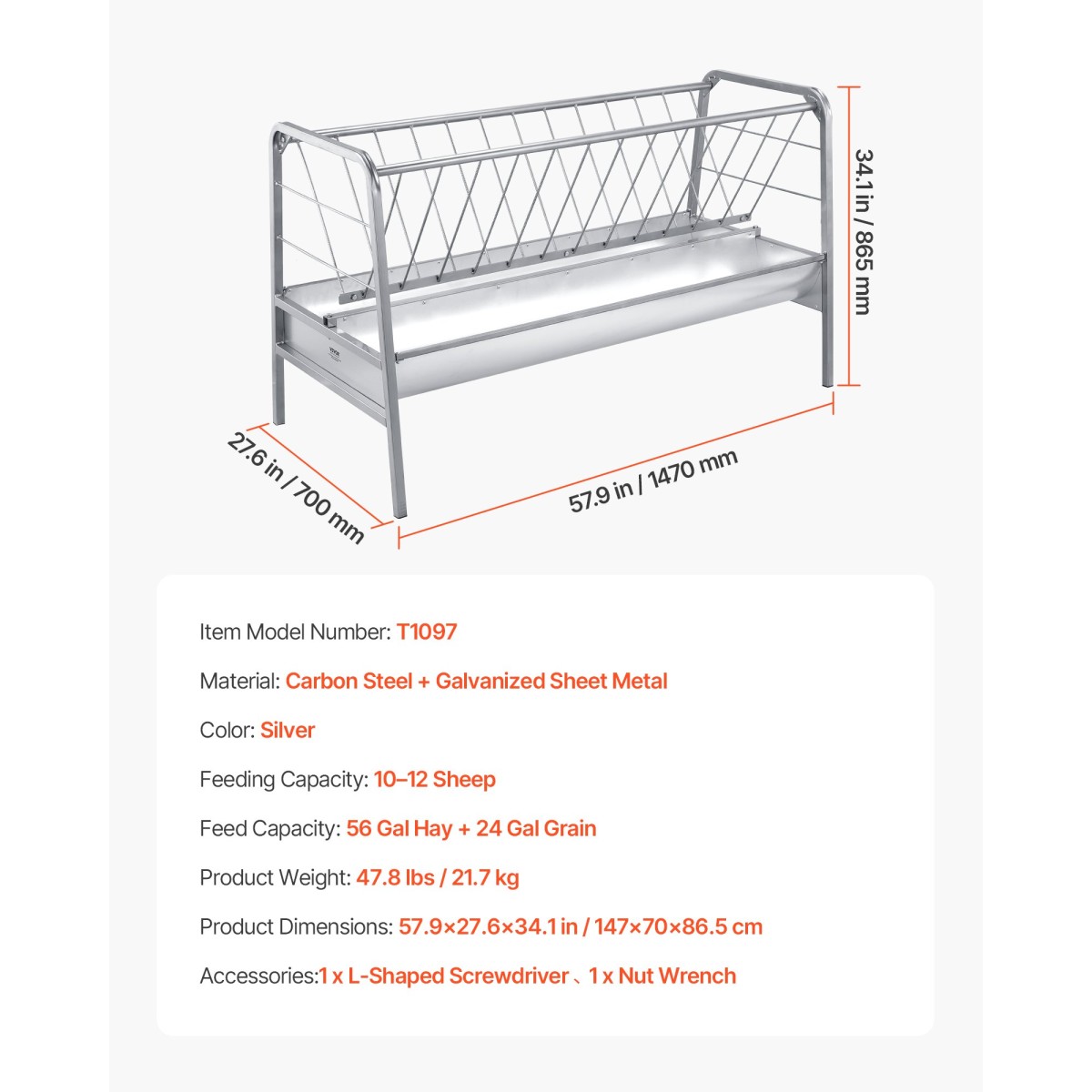VEVOR Livestock Hay Feeder, 2 σε 1 Grain & Hay Feeder, Χωρητικότητα 300L, 147 cm Μήκος Τροφοδοσία Κατσίκας με Βαθύτερη Ταϊφή, Χάλυβας Σιτηροθήκης βαρέως τύπου για πρόβατα, φάρμες, σιταποθήκες αλόγων, αυλές