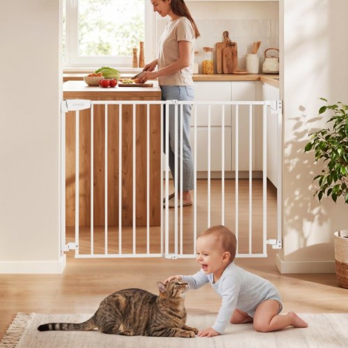 VEVOR Baby Gate για σκάλες, 720-1085 mm Ρυθμιζόμενο πλάτος, 760 mm High Dog Gate, Χωρίς κάτω μπάρα, Λειτουργία με το ένα χέρι, Εύκολη εγκατάσταση διάτρησης με κιτ υλικού, για σκάλες, πόρτες, σπίτι, λευκό