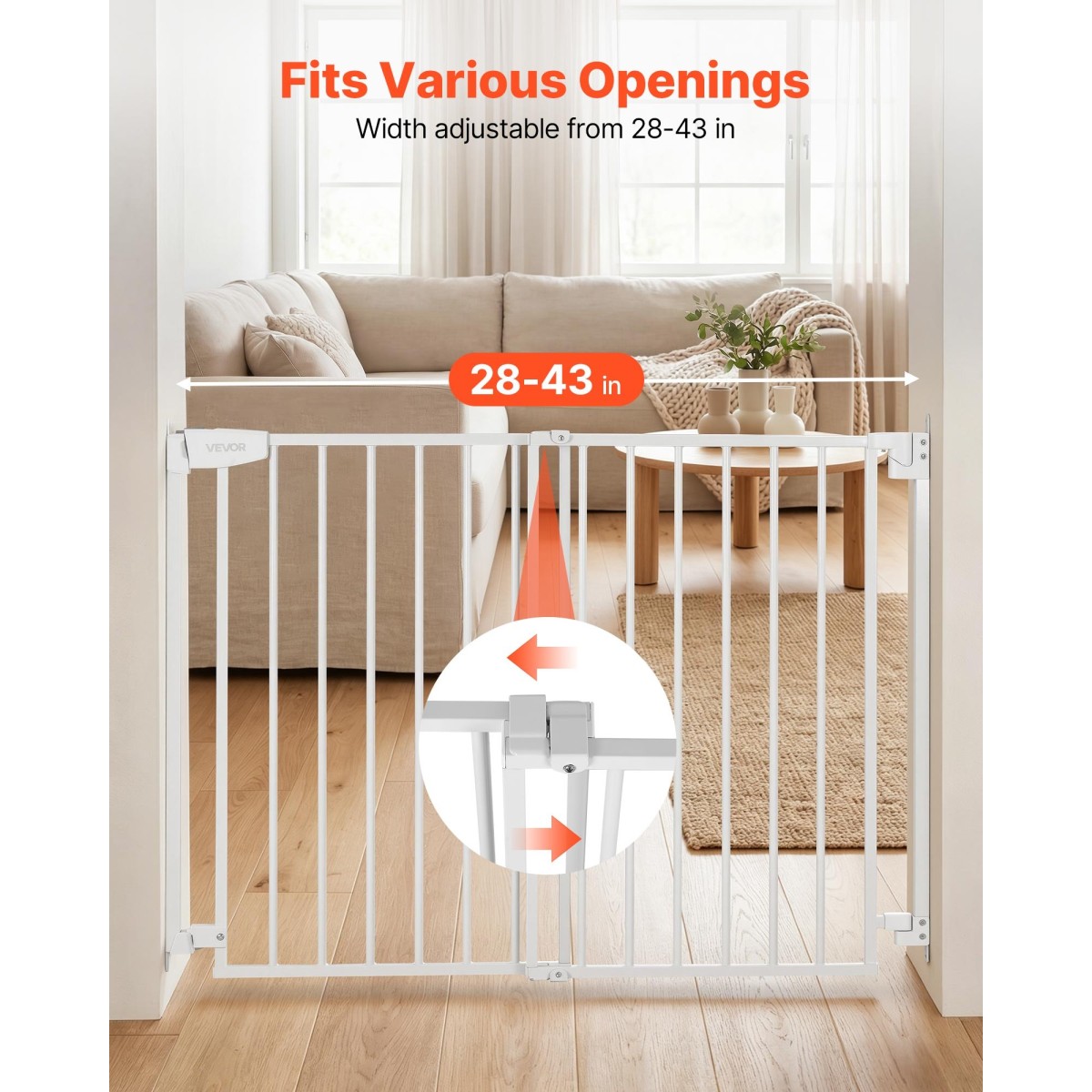VEVOR Baby Gate για σκάλες, 720-1085 mm Ρυθμιζόμενο πλάτος, 760 mm High Dog Gate, Χωρίς κάτω μπάρα, Λειτουργία με το ένα χέρι, Εύκολη εγκατάσταση διάτρησης με κιτ υλικού, για σκάλες, πόρτες, σπίτι, λευκό