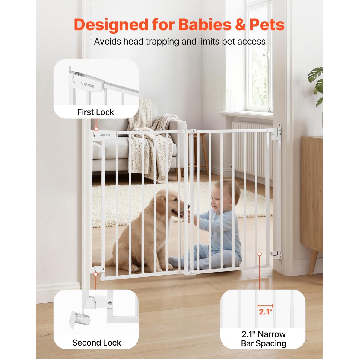 VEVOR Baby Gate για σκάλες, 720-1085 mm Ρυθμιζόμενο πλάτος, 760 mm High Dog Gate, Χωρίς κάτω μπάρα, Λειτουργία με το ένα χέρι, Εύκολη εγκατάσταση διάτρησης με κιτ υλικού, για σκάλες, πόρτες, σπίτι, λευκό