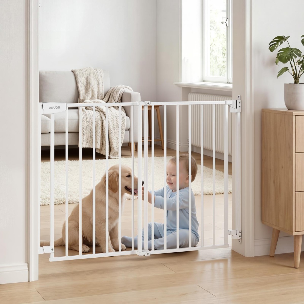 VEVOR Baby Gate για σκάλες, 720-1085 mm Ρυθμιζόμενο πλάτος, 760 mm High Dog Gate, Χωρίς κάτω μπάρα, Λειτουργία με το ένα χέρι, Εύκολη εγκατάσταση διάτρησης με κιτ υλικού, για σκάλες, πόρτες, σπίτι, λευκό