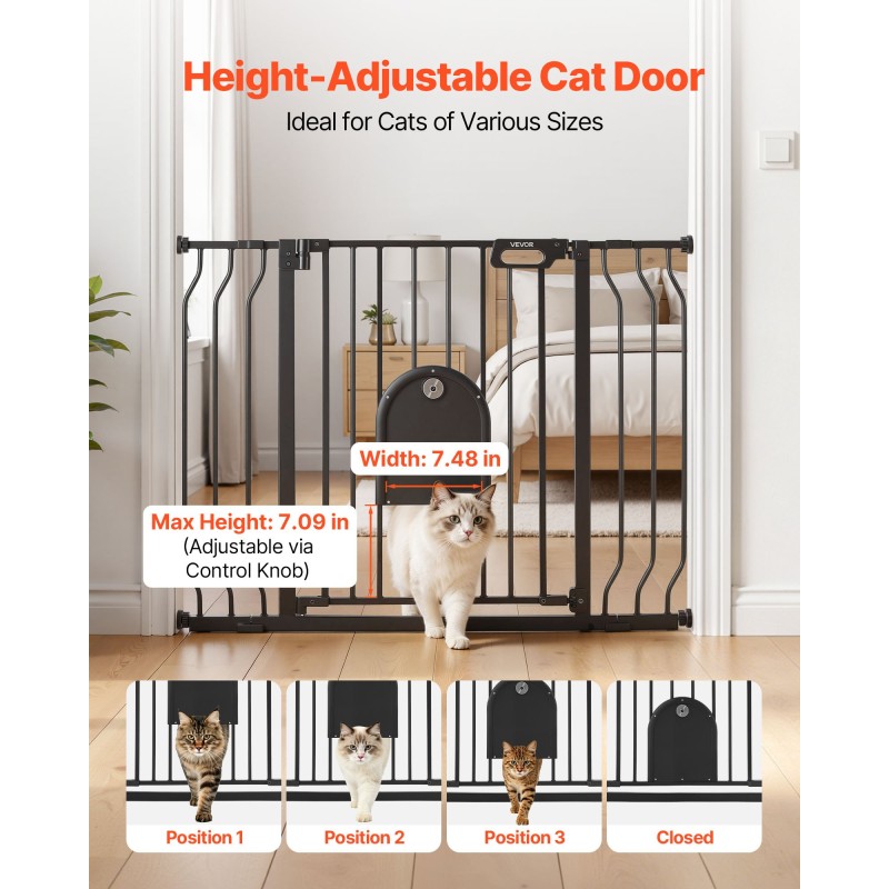 VEVOR Baby Gate για σκάλες, 75-111 cm Ρυθμιζόμενο πλάτος, Baby Gate με ρυθμιζόμενη πόρτα γάτας, με κιτ τοποθέτησης πίεσης και κιτ επιτοίχιας βάσης, Secure μεταλλική πόρτα για κατοικίδια για σκάλες, πόρτες και σπίτι, μαύρο