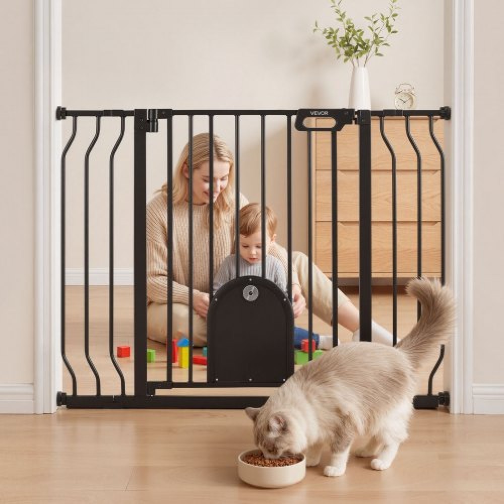 VEVOR Baby Gate για σκάλες, 75-111 cm Ρυθμιζόμενο πλάτος, Baby Gate με ρυθμιζόμενη πόρτα γάτας, με κιτ τοποθέτησης πίεσης και κιτ επιτοίχιας βάσης, Secure μεταλλική πόρτα για κατοικίδια για σκάλες, πόρτες και σπίτι, μαύρο