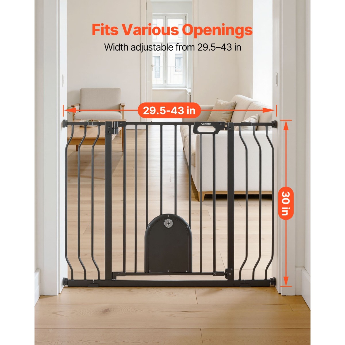 VEVOR Baby Gate για σκάλες, 75-111 cm Ρυθμιζόμενο πλάτος, Baby Gate με ρυθμιζόμενη πόρτα γάτας, με κιτ τοποθέτησης πίεσης και κιτ επιτοίχιας βάσης, Secure μεταλλική πόρτα για κατοικίδια για σκάλες, πόρτες και σπίτι, μαύρο