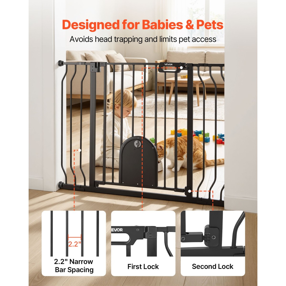 VEVOR Baby Gate για σκάλες, 75-111 cm Ρυθμιζόμενο πλάτος, Baby Gate με ρυθμιζόμενη πόρτα γάτας, με κιτ τοποθέτησης πίεσης και κιτ επιτοίχιας βάσης, Secure μεταλλική πόρτα για κατοικίδια για σκάλες, πόρτες και σπίτι, μαύρο