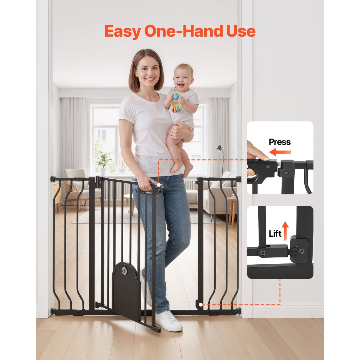 VEVOR Baby Gate για σκάλες, 75-111 cm Ρυθμιζόμενο πλάτος, Baby Gate με ρυθμιζόμενη πόρτα γάτας, με κιτ τοποθέτησης πίεσης και κιτ επιτοίχιας βάσης, Secure μεταλλική πόρτα για κατοικίδια για σκάλες, πόρτες και σπίτι, μαύρο