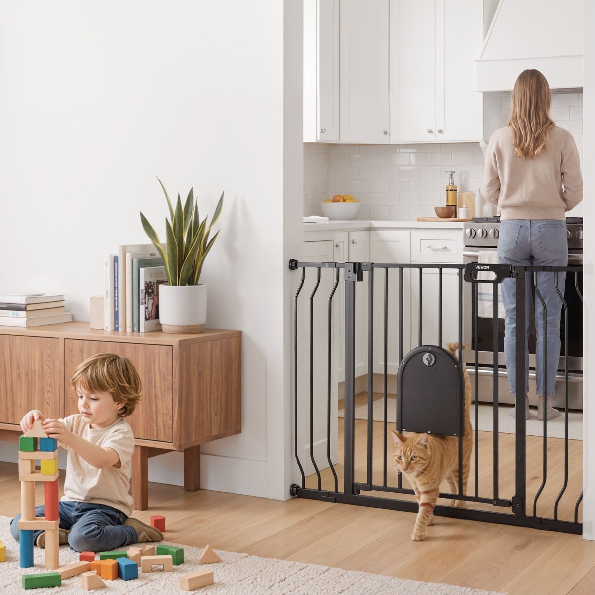 VEVOR Baby Gate για σκάλες, 75-111 cm Ρυθμιζόμενο πλάτος, Baby Gate με ρυθμιζόμενη πόρτα γάτας, με κιτ τοποθέτησης πίεσης και κιτ επιτοίχιας βάσης, Secure μεταλλική πόρτα για κατοικίδια για σκάλες, πόρτες και σπίτι, μαύρο