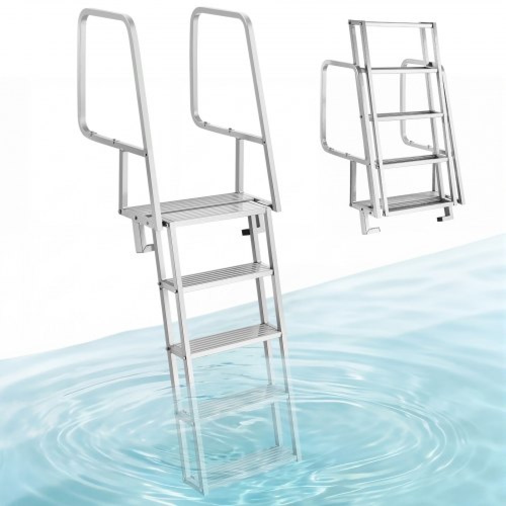 Σκάλα VEVOR Flip-Up Dock Ladder, 5 σκαλοπατιών, βαρέως τύπου κράμα αλουμινίου Pontoon Boat Swim Ladder, με αντιολισθητικά φαρδιά σκαλοπάτια, χωρητικότητα βάρους 159 kg, υποβοήθηση σχοινιού έλξης, άνετη χρήση για θαλάσσια επιβίβαση στη λίμνη