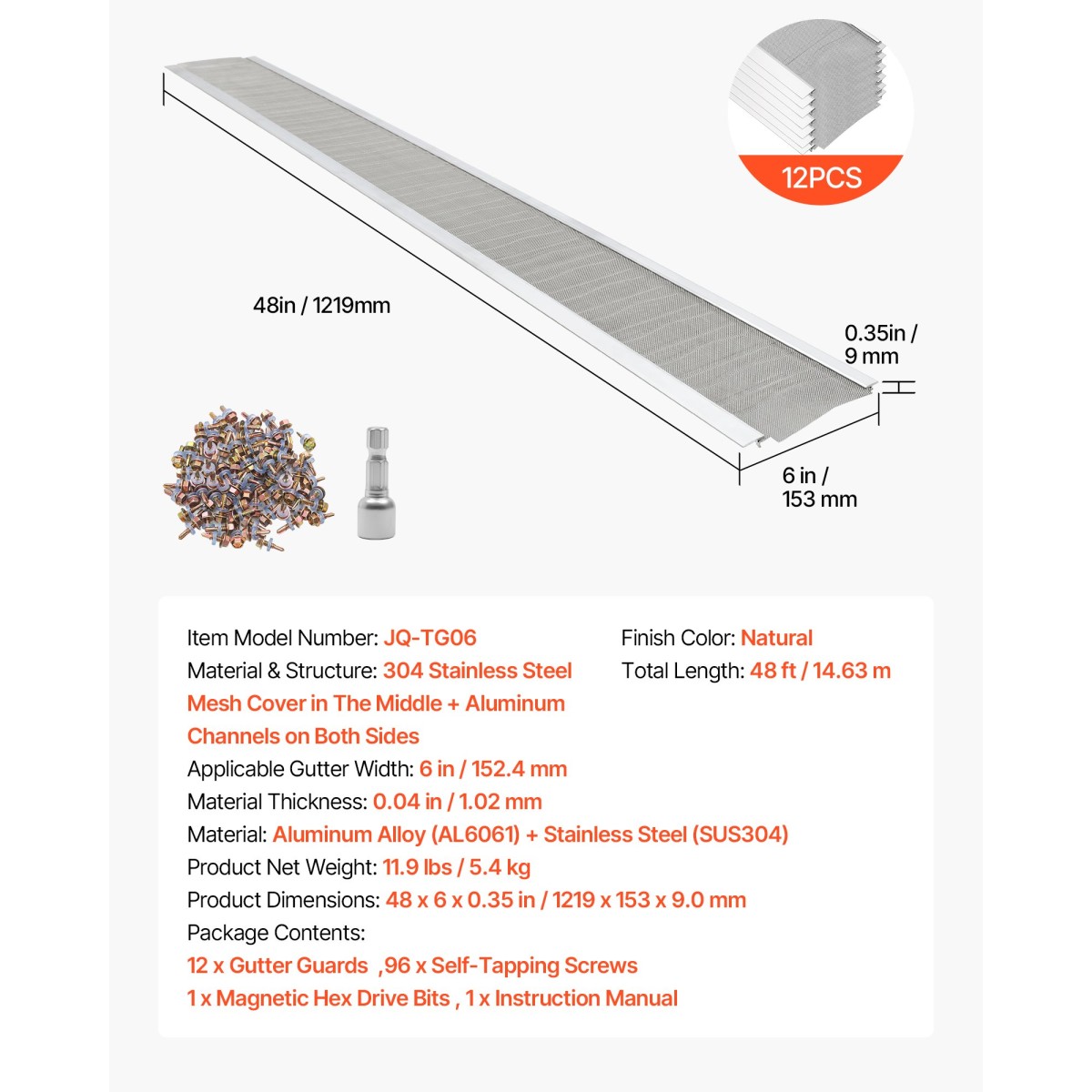 VEVOR Gutter Gutter, κάλυμμα υδρορροής αλουμινίου 152,4 mm με μικροπλέγμα από ανοξείδωτο χάλυβα, βαρέως τύπου μήκους 14,63 m, πάχος 1,02 mm, προστατευτικό φύλλου για συντρίμμια και πευκοβελόνες, Easy DIY, Περιλαμβάνονται βίδες, 12 ΤΕΜ.