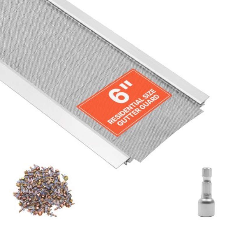 VEVOR Gutter Gutter, κάλυμμα υδρορροής αλουμινίου 152,4 mm με μικροπλέγμα από ανοξείδωτο χάλυβα, βαρέως τύπου μήκους 14,63 m, πάχος 1,02 mm, προστατευτικό φύλλου για συντρίμμια και πευκοβελόνες, Easy DIY, Περιλαμβάνονται βίδες, 12 ΤΕΜ.