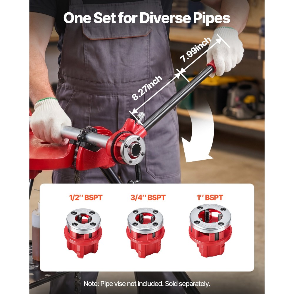 VEVOR Ratchet Pipe Threader Kit με 3 μήτρες, 1/2" BSPT, 3/4" BSPT, 1" BSPT Manual Ratcheting Pipe Threading Tool, Portable Pipes Threader set with Toolbox for υδραυλική εγκατάσταση και επισκευή