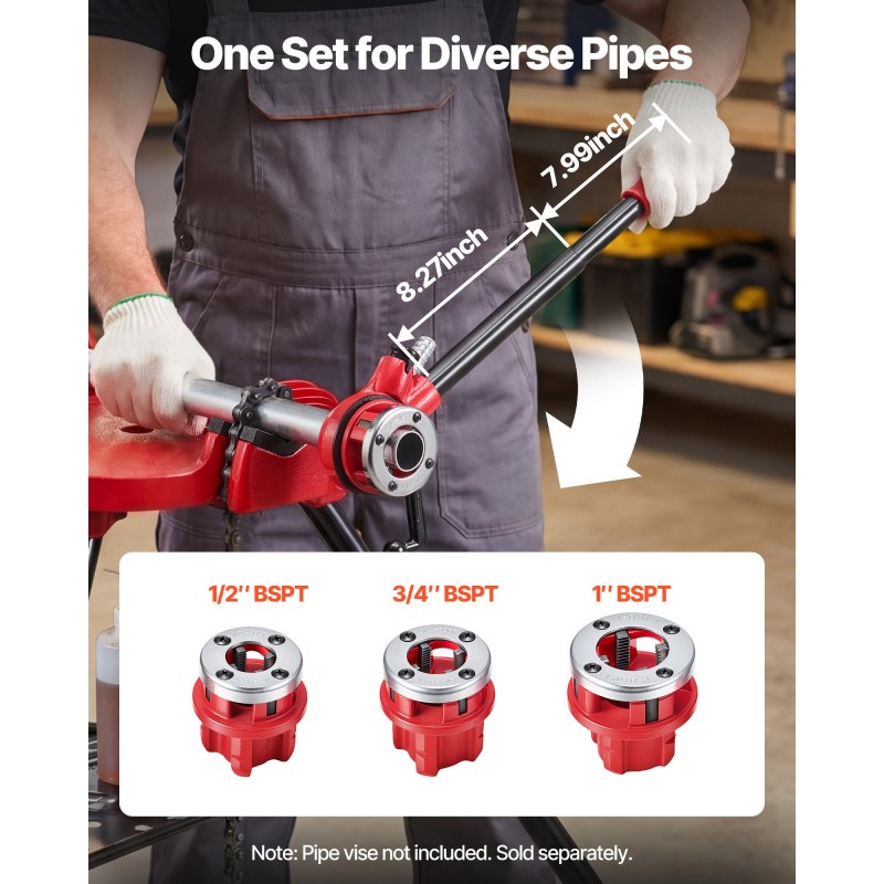 VEVOR Ratchet Pipe Threader Kit με 3 μήτρες, 1/2" BSPT, 3/4" BSPT, 1" BSPT Manual Ratcheting Pipe Threading Tool, Portable Pipes Threader set with Toolbox for υδραυλική εγκατάσταση και επισκευή