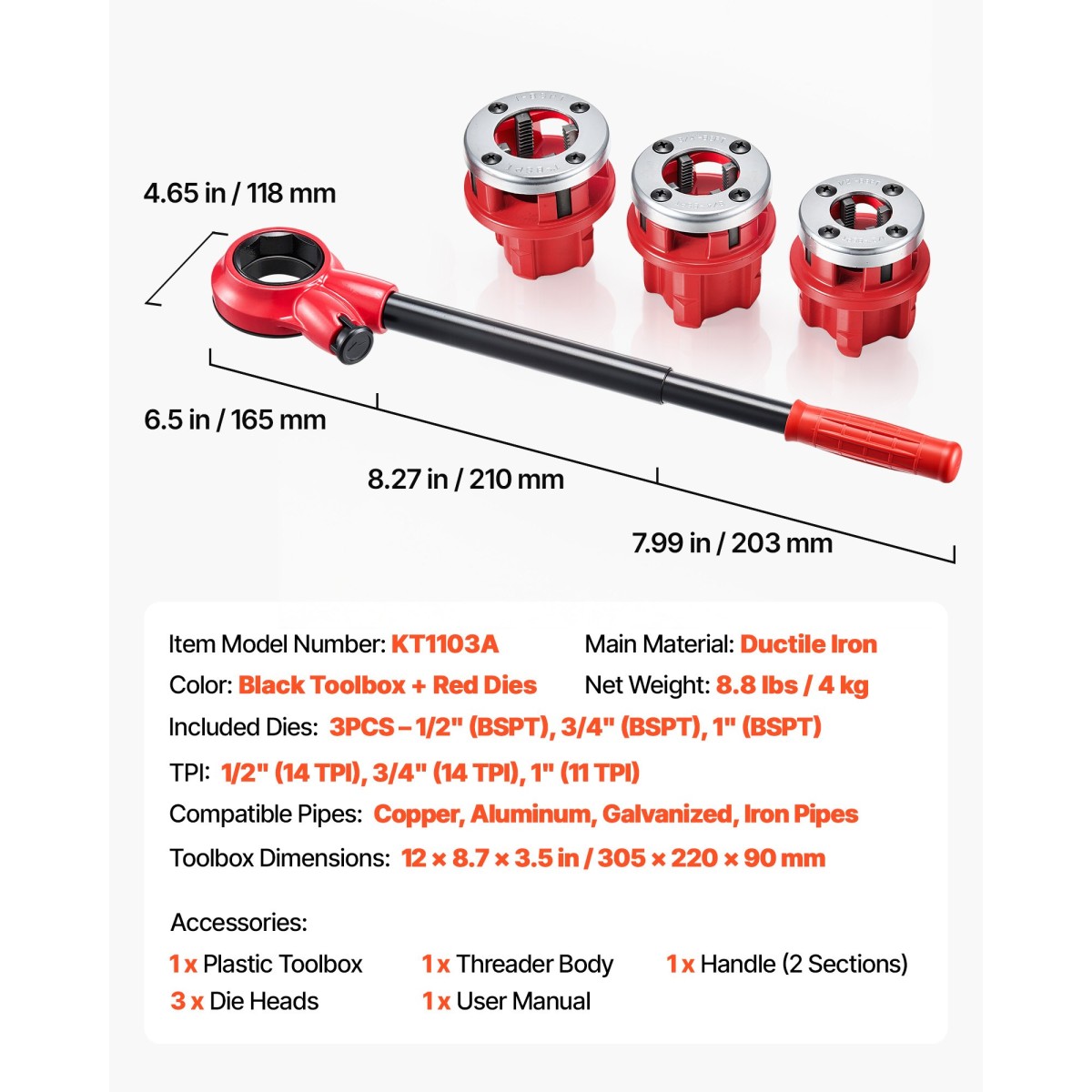 VEVOR Ratchet Pipe Threader Kit με 3 μήτρες, 1/2" BSPT, 3/4" BSPT, 1" BSPT Manual Ratcheting Pipe Threading Tool, Portable Pipes Threader set with Toolbox for υδραυλική εγκατάσταση και επισκευή
