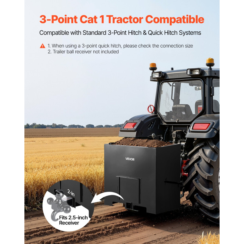 VEVOR Ballast Box, Κατηγορία 3 σημείων Tractor Ballast χωρητικότητας 363 kg, με τυπικό δέκτη κοτσαδόρου 55 mm, βαρέως τύπου ατσάλι 0,14 m³ Μεγάλου όγκου, ανθεκτικό εξάρτημα φορτωτή με συρόμενη πόρτα, μαύρο