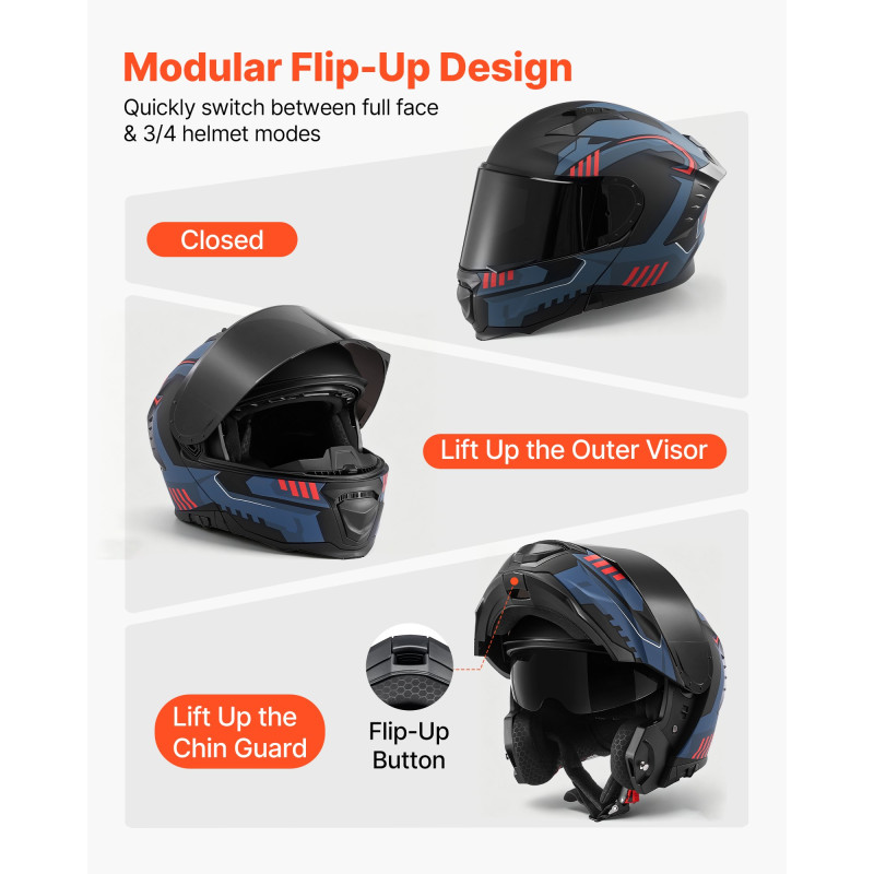 Κράνος μοτοσικλέτας VEVOR Modular, Flip up Full Face κράνος με διπλή προσωπίδα, ελαφρύ άνετο κράνος ποδηλάτου για ενήλικες Motocross Street για άνδρες και γυναίκες - Εγκεκριμένο DOT & ECE (Μέγεθος M)