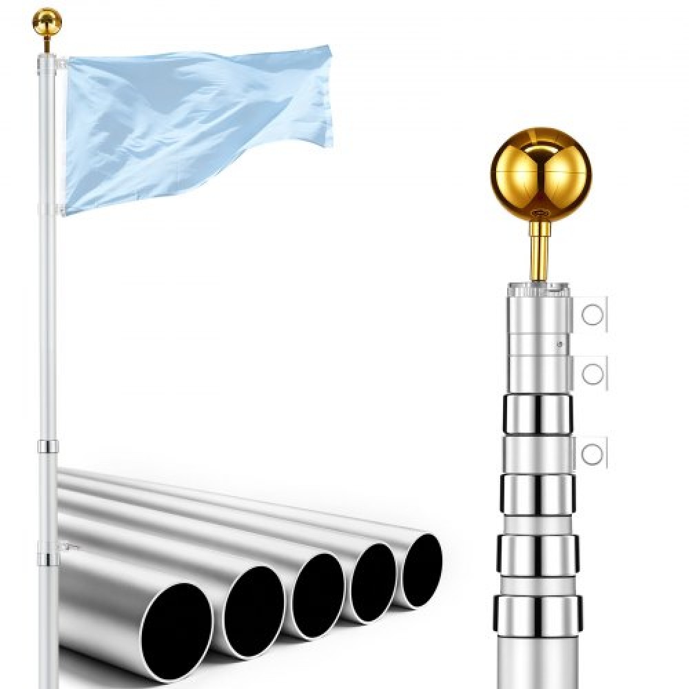 VEVOR Flag κοντάρι, 6,09 m Κιτ τηλεσκοπικού κοντάρι σημαίας βαρέως τύπου για εξωτερικό σπίτι στο έδαφος, εξαιρετικά παχύ κιτ κοντάρι σημαίας αλουμινίου εξωτερικού χώρου με μανίκι εδάφους PVC για αυλή, οικιακή ή εμπορική χρήση, ασημί