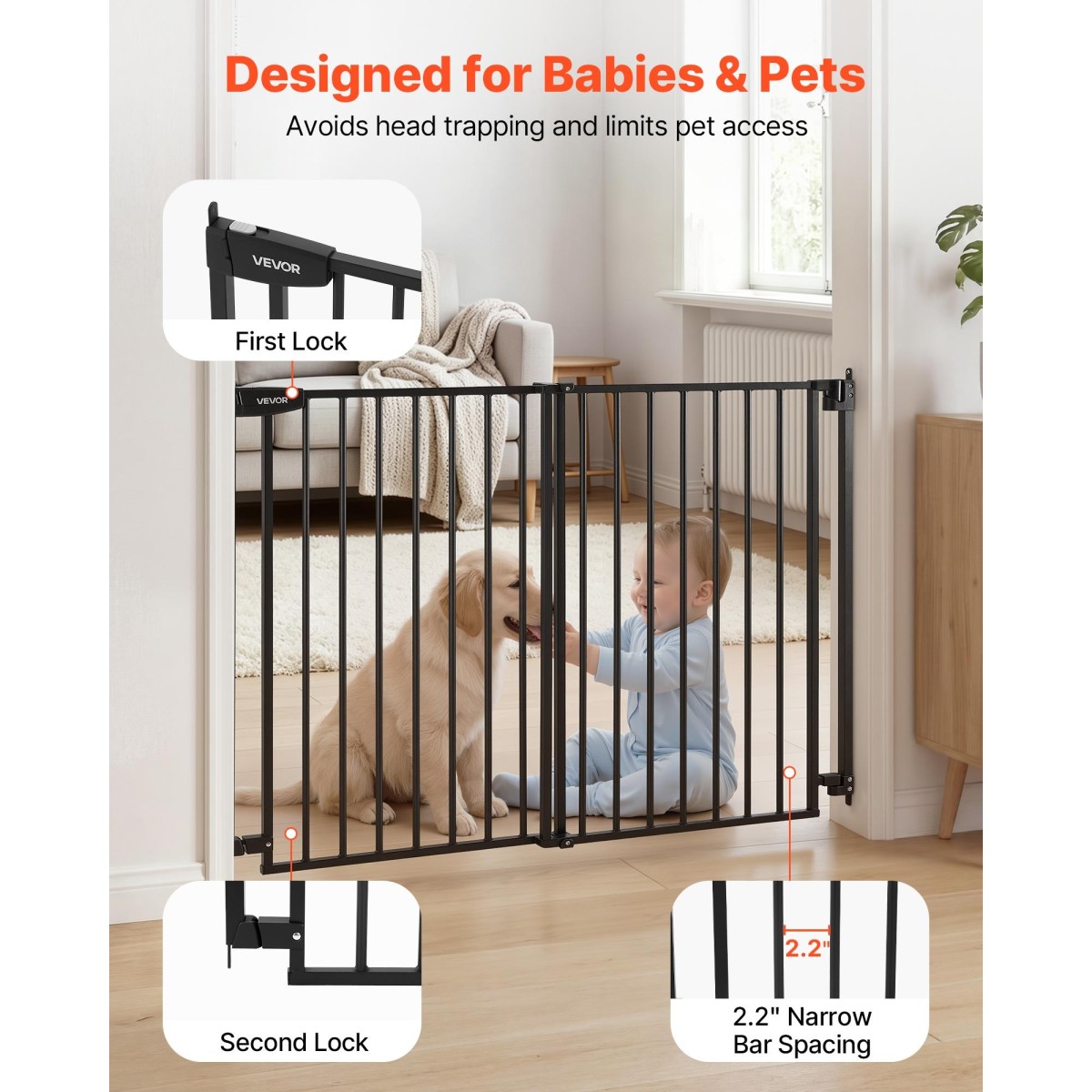 VEVOR Baby Gate for Stairs, 778-1210 mm Ρυθμιζόμενο πλάτος, 920 mm High Dog Gate, No Bottom Bar, Λειτουργία με το ένα χέρι, Εύκολη εγκατάσταση διάτρησης με κιτ υλικού, για σκάλες, πόρτες, σπίτι, μαύρο
