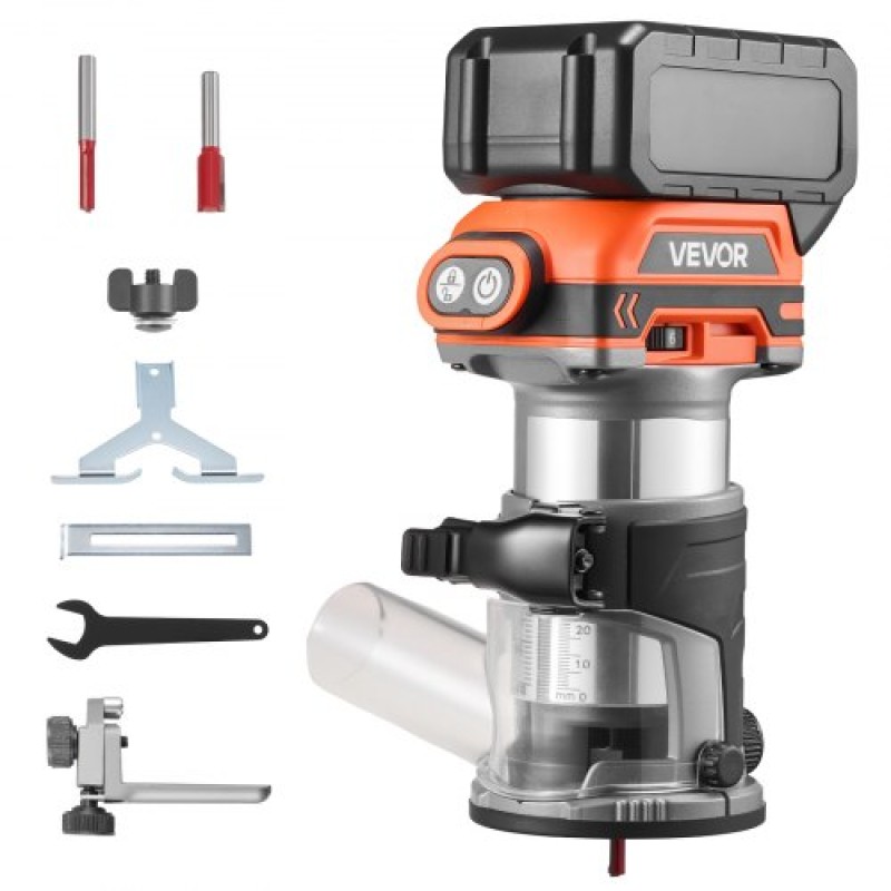 VEVOR Cordless Wood Router, Brushless Motor, Compact Variable Speed ​​Palm Router με σταθερή βάση, Dust Hood, Edge Trimmer Tool for Woodworking, Συμβατό με μπαταρίες Makita (Η μπαταρία δεν περιλαμβάνεται)