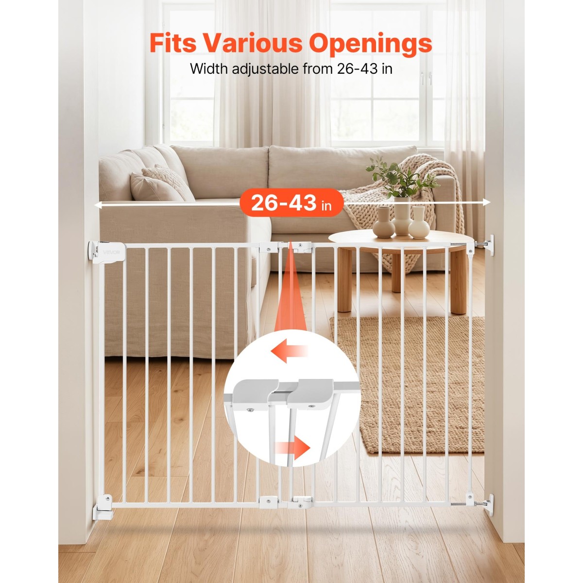 VEVOR Baby Gate για σκάλες, 670-1080 mm Ρυθμιζόμενο πλάτος, 715 mm High Dog Gate, Χωρίς κάτω μπάρα, Λειτουργία με το ένα χέρι, Εύκολη εγκατάσταση διάτρησης με κιτ υλικού, για σκάλες, πόρτες και σπίτι