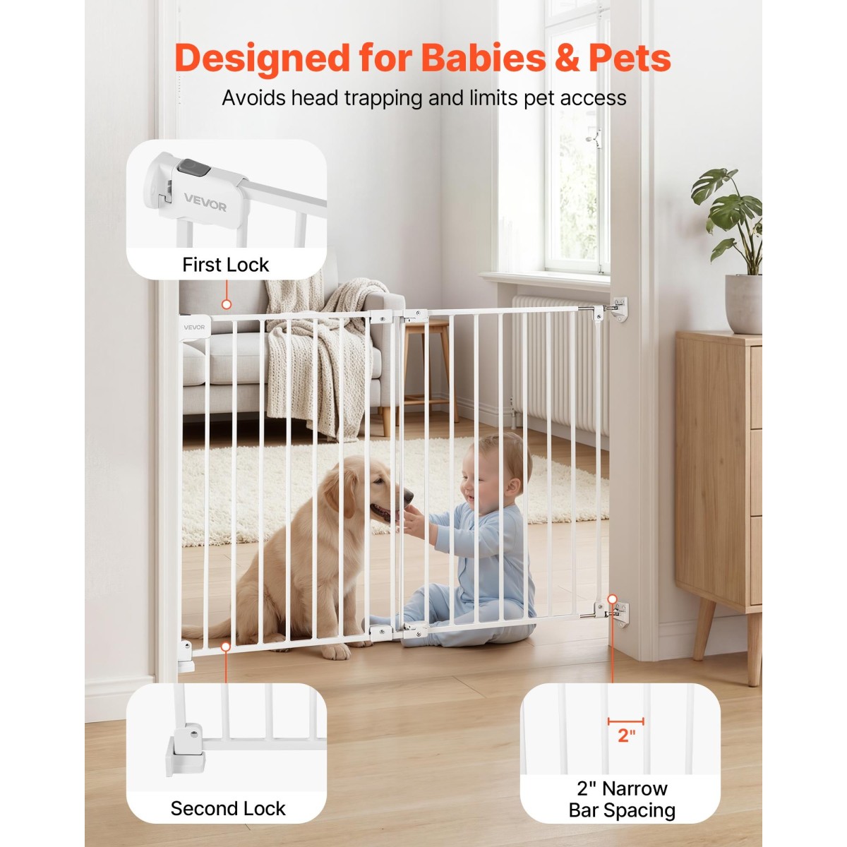 VEVOR Baby Gate για σκάλες, 670-1080 mm Ρυθμιζόμενο πλάτος, 715 mm High Dog Gate, Χωρίς κάτω μπάρα, Λειτουργία με το ένα χέρι, Εύκολη εγκατάσταση διάτρησης με κιτ υλικού, για σκάλες, πόρτες και σπίτι