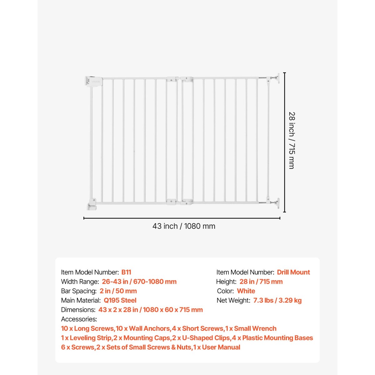 VEVOR Baby Gate για σκάλες, 670-1080 mm Ρυθμιζόμενο πλάτος, 715 mm High Dog Gate, Χωρίς κάτω μπάρα, Λειτουργία με το ένα χέρι, Εύκολη εγκατάσταση διάτρησης με κιτ υλικού, για σκάλες, πόρτες και σπίτι