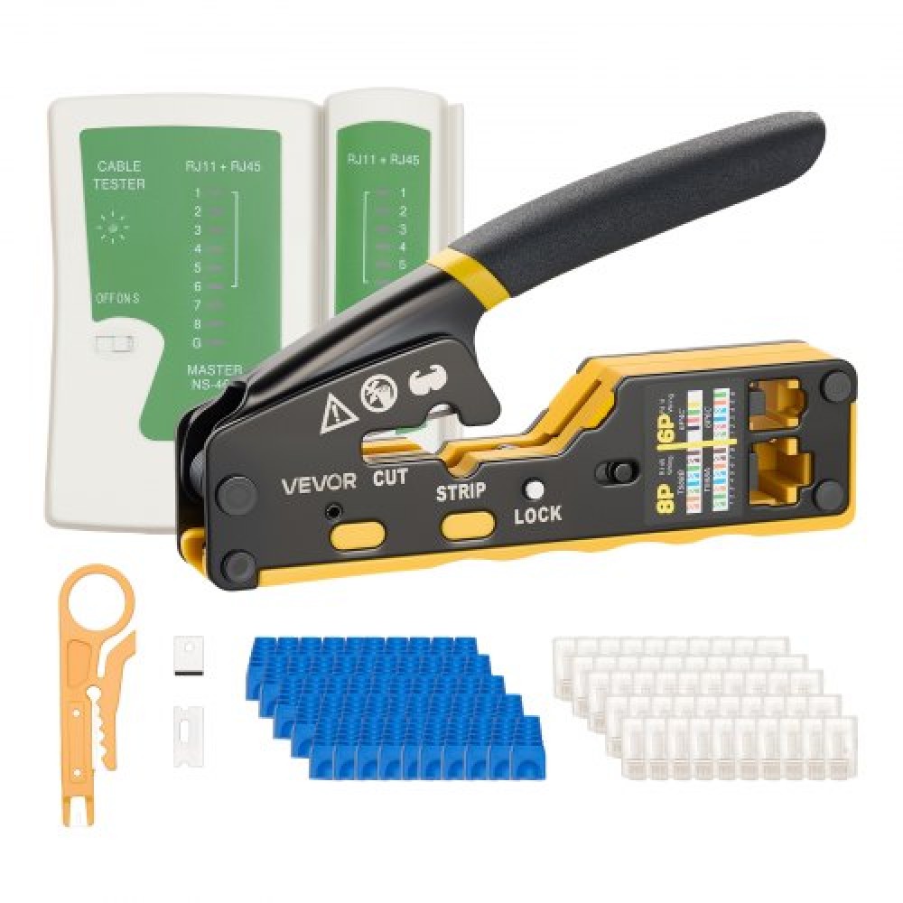 VEVOR Crimping Tool, RJ45/RJ11/RJ12 Ethernet Crimper, Crimp Tool Kit για αρθρωτά βύσματα 4/6/8 ακίδων, με μίνι απογυμνωτή καλωδίων, 50 υποδοχές και 50 μπότες, ανταλλακτικές λεπίδες και ελεγκτή καλωδίου δικτύου