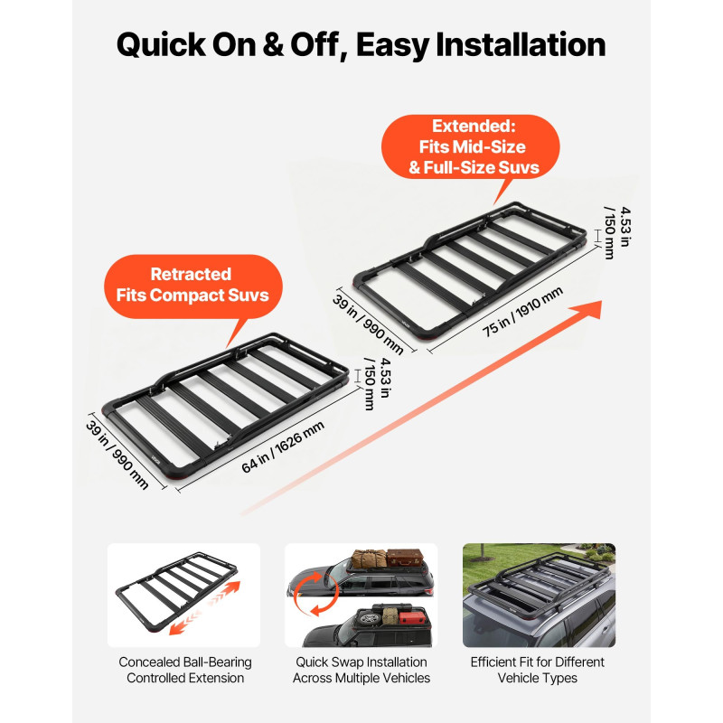 VEVOR Roof Rack Cargo Basket, 1626 x 990 x 115 mm, Heavy Duty Roof Carrier Basket with Extension, 90,72 kg Χωρητικότητα, Πάνω θήκη αποσκευών αυτοκινήτου παντός καιρού, Universal Fit for SUV Trucks Vehicles Pickups