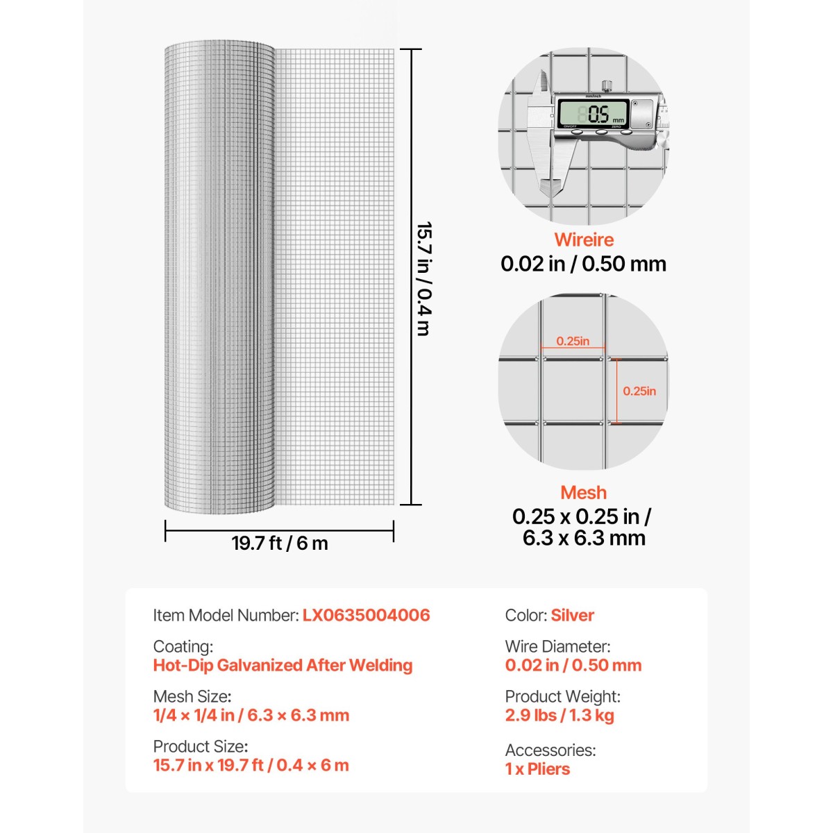 Υφασμάτινο ύφασμα VEVOR, 6,3 mm 0,4 x 6 m 0,5 mm διάμετρος συρμάτινο φράχτη κοτόπουλου, γαλβανισμένο εν θερμώ μετά από συγκόλληση ρολό μεταλλικό συρμάτινο πλέγμα, συγκολλημένο ρολό περίφραξης φυτών κήπου, υποστηρίζει φράχτη κλουβιού με δίχτυ πουλερικών