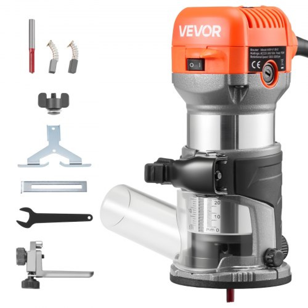 VEVOR Wood Router, 1 HP 710W, Variable Speed ​​Palm Router Tool with Soft Start, Compact Wood Edge Trimmer with Fixed Base & Dust Hood, Parallel Guide, for Woodworking, Trimming, DIY Projects, Corded