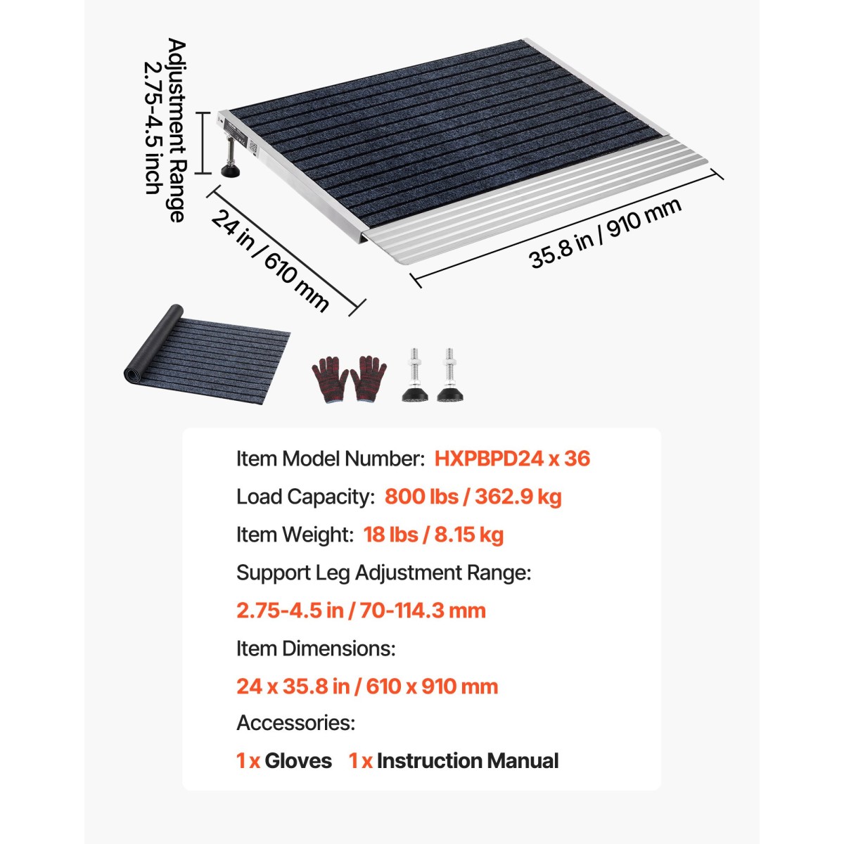 VEVOR ράμπα κατωφλίου για πόρτες, 610 x 910 mm, ράμπα αναπηρικής πολυθρόνας πλατφόρμας αλουμινίου με ρυθμιζόμενο ύψος, αντιολισθητικές ράμπες κατωφλίου πόρτας, χωρητικότητα 362,9 kg, για σκαλοπάτια στο σπίτι, αναπηρικά αμαξίδια, περιπατητές