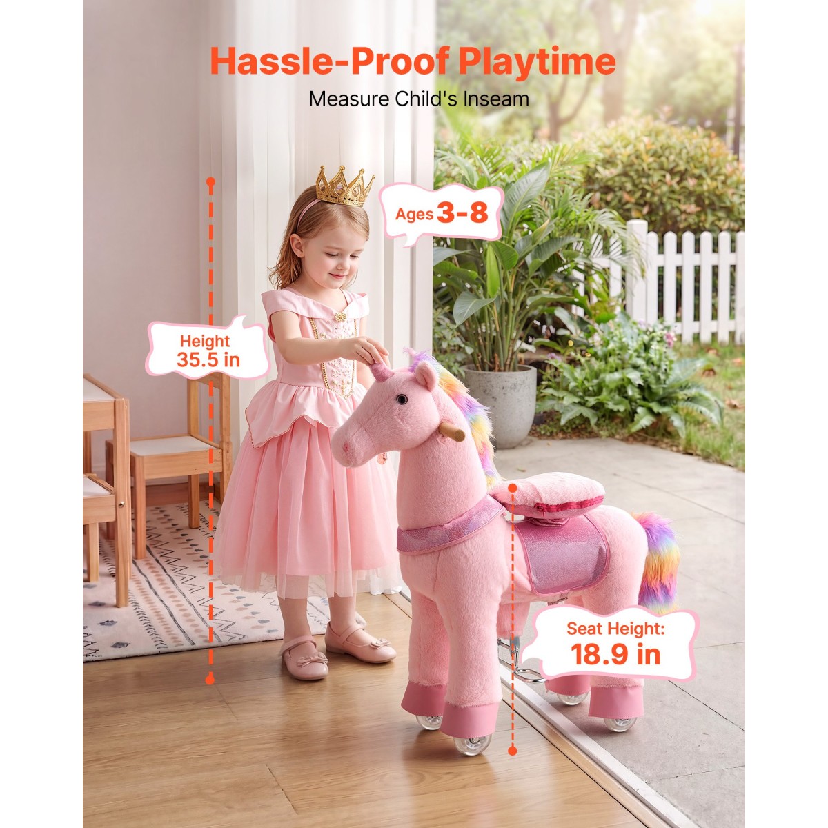 VEVOR Ride On Horse, Παιχνίδια ιππασίας Pink Unicorn για παιδιά, Δεν απαιτείται μπαταρία, λείοι τροχοί με αντιστρεπτικό δακτύλιο, αναβαθμισμένο ανασηκωμένο κάθισμα, λαβές, πεντάλ, μέγιστη χωρητικότητα 50 kg για ηλικίες 3-8