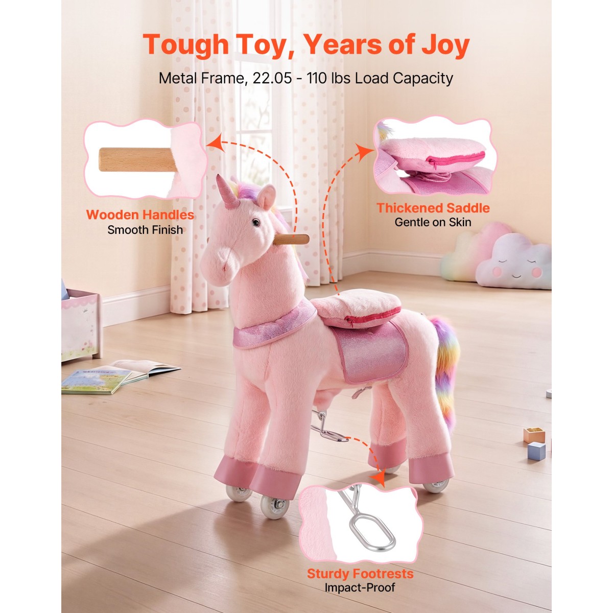 VEVOR Ride On Horse, Παιχνίδια ιππασίας Pink Unicorn για παιδιά, Δεν απαιτείται μπαταρία, λείοι τροχοί με αντιστρεπτικό δακτύλιο, αναβαθμισμένο ανασηκωμένο κάθισμα, λαβές, πεντάλ, μέγιστη χωρητικότητα 50 kg για ηλικίες 3-8