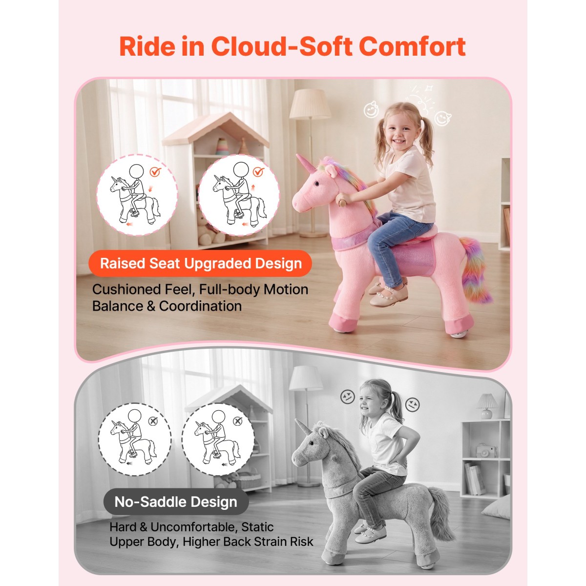 VEVOR Ride On Horse, Παιχνίδια ιππασίας Pink Unicorn για παιδιά, Δεν απαιτείται μπαταρία, λείοι τροχοί με αντιστρεπτικό δακτύλιο, αναβαθμισμένο ανασηκωμένο κάθισμα, λαβές, πεντάλ, μέγιστη χωρητικότητα 50 kg για ηλικίες 3-8