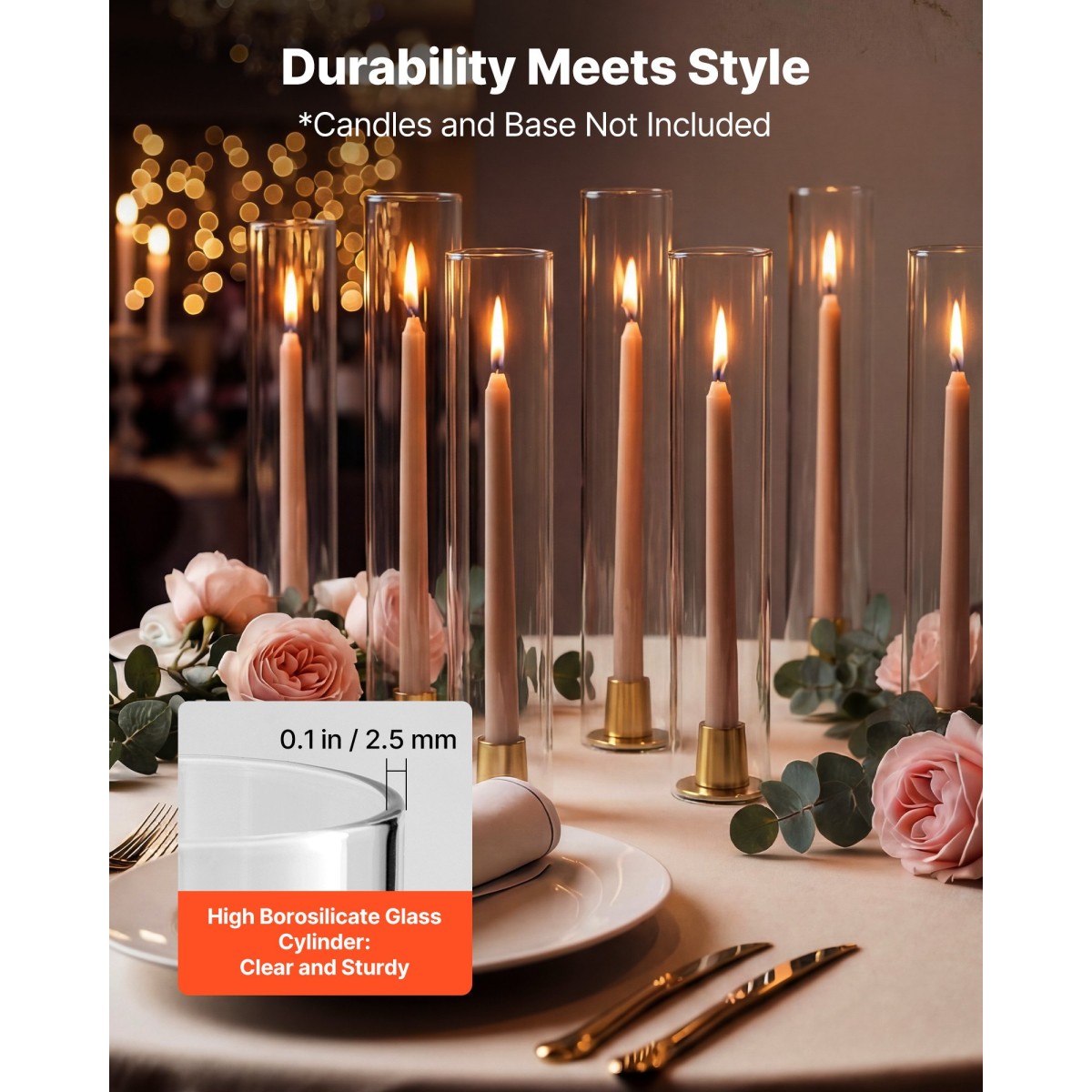 VEVOR Hurricane Glass Cylinders Set of 24, Φ 65 x 350 mm Ψηλός Clear Glass Candle covers, High Borosilicate Glass Sleeves for Pillar Candles, Wedding Centrepieces, Home Decor, Party, Anti-Protection