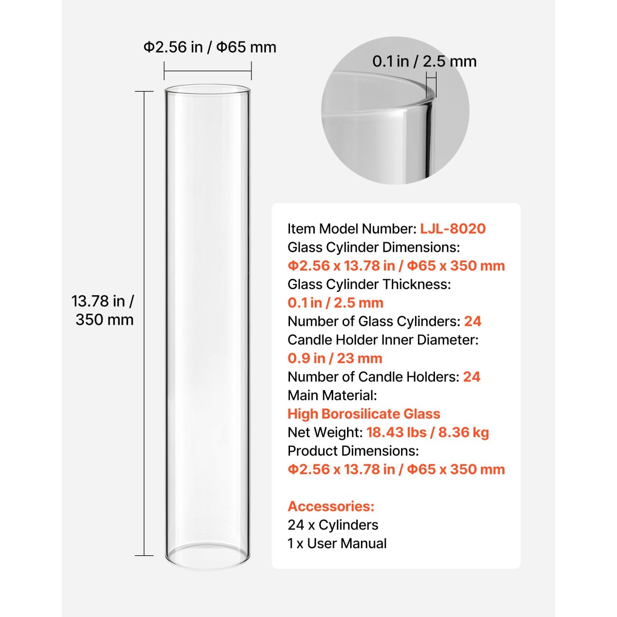 VEVOR Hurricane Glass Cylinders Set of 24, Φ 65 x 350 mm Ψηλός Clear Glass Candle covers, High Borosilicate Glass Sleeves for Pillar Candles, Wedding Centrepieces, Home Decor, Party, Anti-Protection