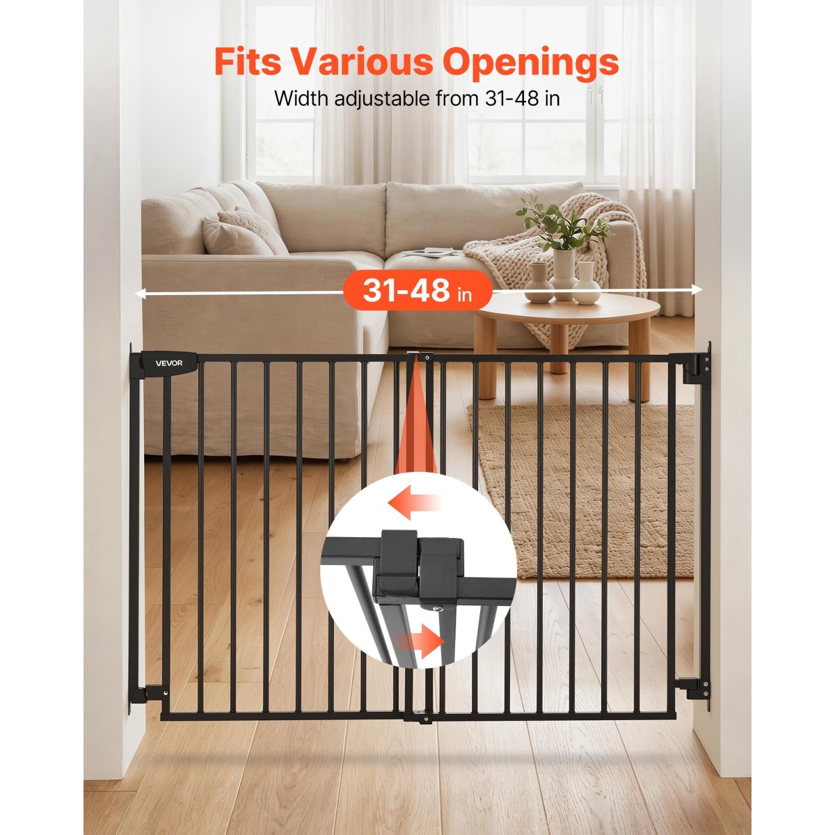 VEVOR Baby Gate for Stairs, 778-1210 mm Ρυθμιζόμενο πλάτος, 760 mm High Dog Gate, Χωρίς κάτω μπάρα, Λειτουργία με το ένα χέρι, Εύκολη εγκατάσταση διάτρησης με κιτ υλικού, για σκάλες, πόρτες, σπίτι, μαύρο