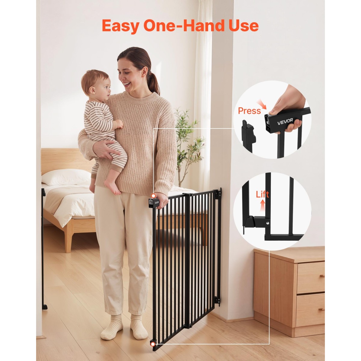 VEVOR Baby Gate for Stairs, 778-1210 mm Ρυθμιζόμενο πλάτος, 760 mm High Dog Gate, Χωρίς κάτω μπάρα, Λειτουργία με το ένα χέρι, Εύκολη εγκατάσταση διάτρησης με κιτ υλικού, για σκάλες, πόρτες, σπίτι, μαύρο