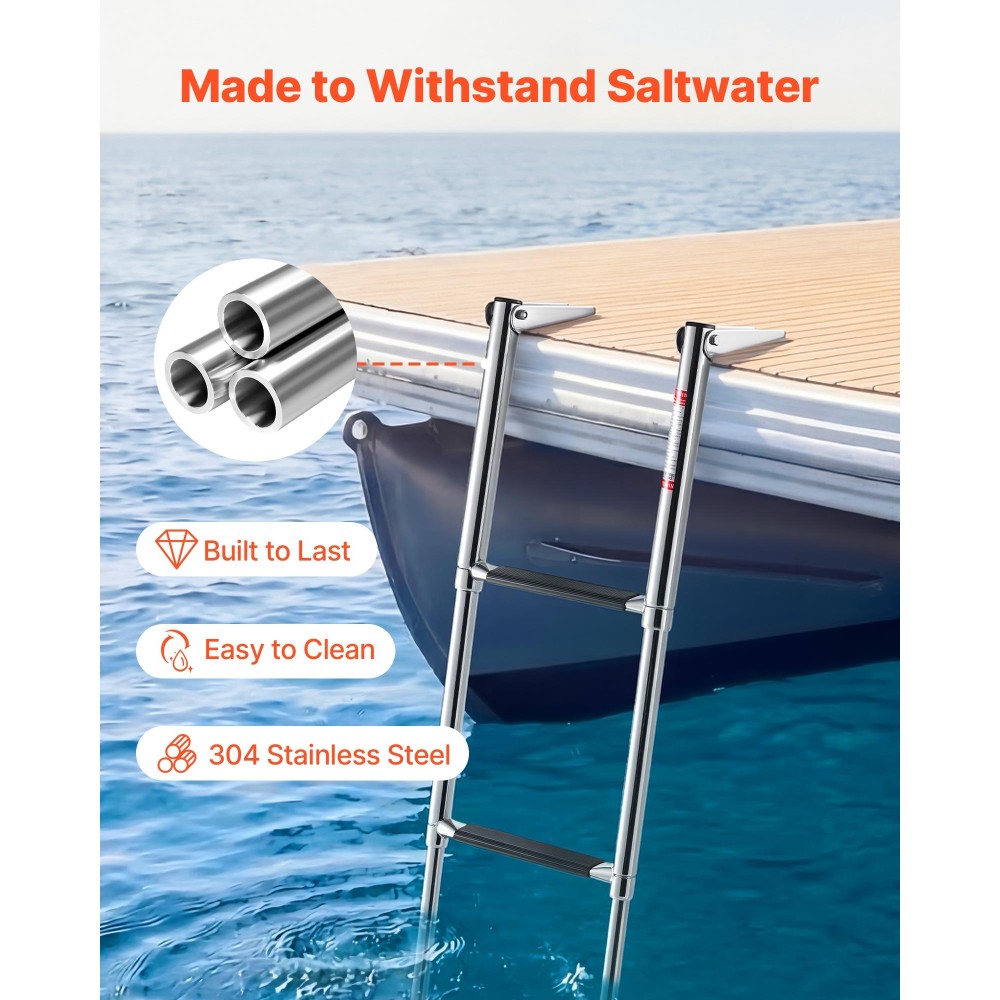 VEVOR Boat Ladder, 3 σκαλοπάτια, ανοξείδωτη τηλεσκοπική αναδιπλούμενη σκάλα κολύμβησης για οπίσθια είσοδο, βαρέως τύπου 272,16 kg χωρητικότητας με φαρδιά αντιολισθητικά σκαλοπάτια, για εξωλέμβιες, γιοτ, σκάφη Pontoon