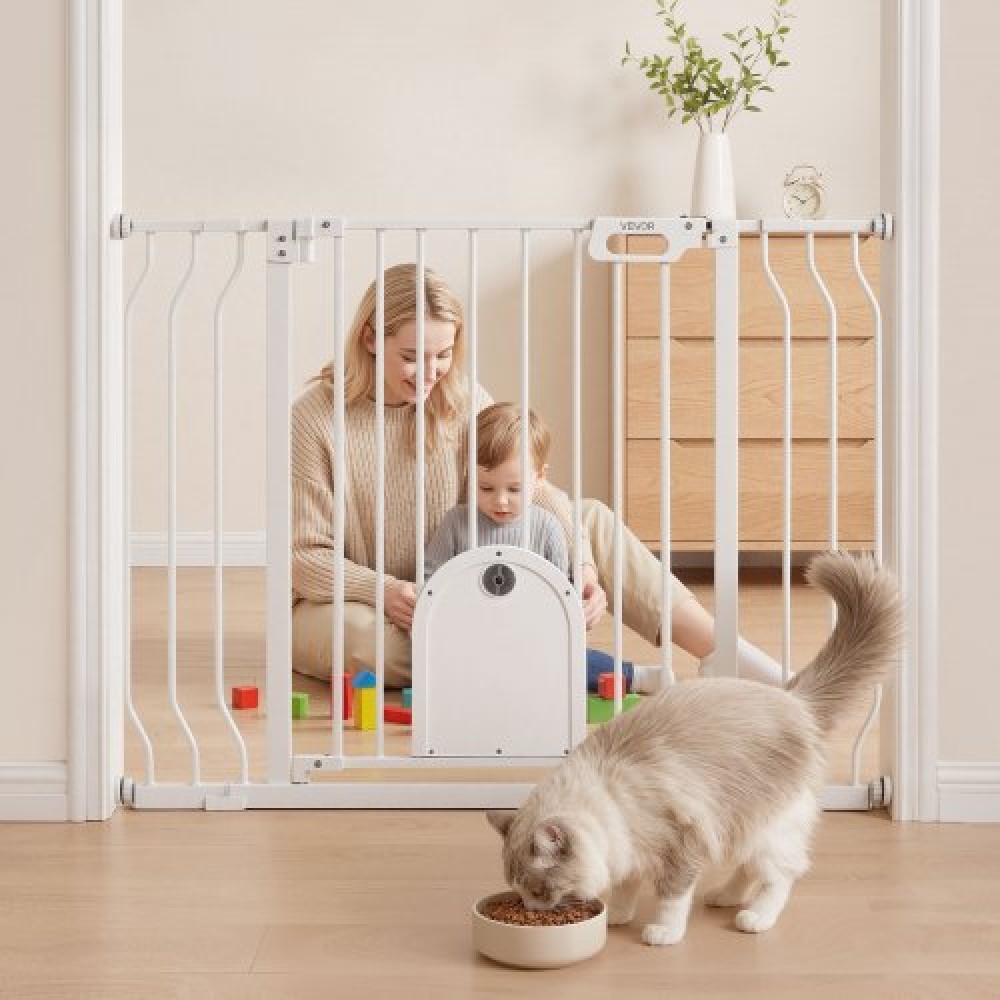 VEVOR Baby Gate για σκάλες, 75-111 cm Ρυθμιζόμενο πλάτος, Baby Gate με ρυθμιζόμενη πόρτα γάτας, με κιτ τοποθέτησης πίεσης και κιτ επιτοίχιας βάσης, Secure μεταλλική πόρτα για κατοικίδια για σκάλες, πόρτες και σπίτι, λευκό