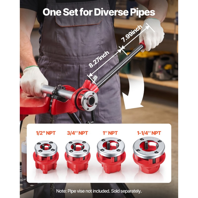VEVOR Ratchet Pipe Threader Kit με 4 μήτρες, 1/2" NPT, 3/4" NPT, 1" NPT, 1-1/4" NPT Εργαλείο σπειρώματος σωλήνων καστάνιας, φορητό σετ σπειρώματος σωλήνων με εργαλειοθήκη για εγκατάσταση και επισκευή υδραυλικών