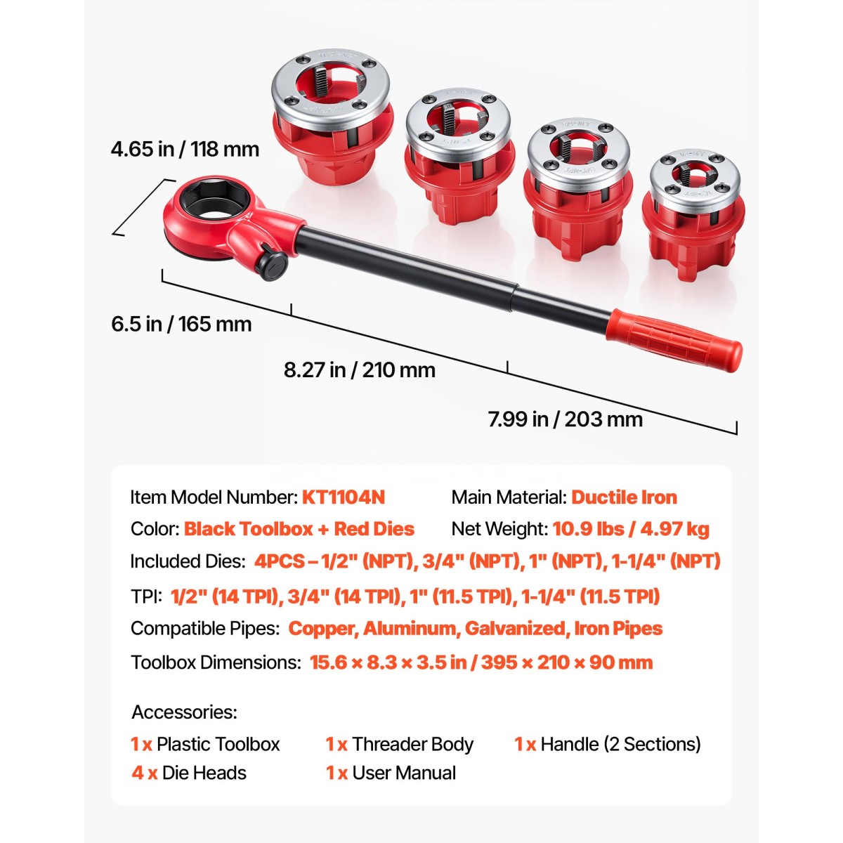 VEVOR Ratchet Pipe Threader Kit με 4 μήτρες, 1/2" NPT, 3/4" NPT, 1" NPT, 1-1/4" NPT Εργαλείο σπειρώματος σωλήνων καστάνιας, φορητό σετ σπειρώματος σωλήνων με εργαλειοθήκη για εγκατάσταση και επισκευή υδραυλικών