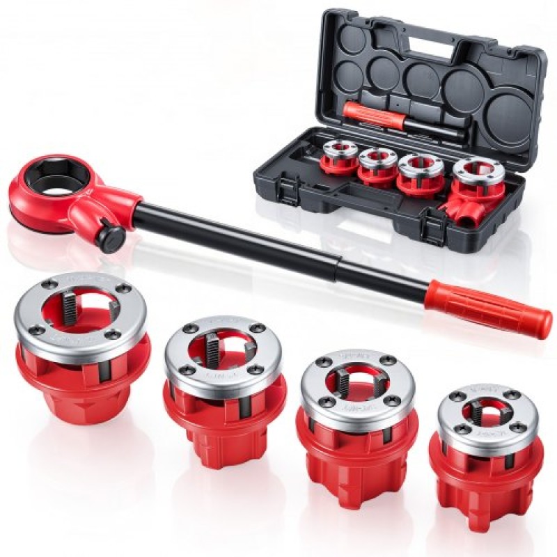 VEVOR Ratchet Pipe Threader Kit με 4 μήτρες, 1/2" NPT, 3/4" NPT, 1" NPT, 1-1/4" NPT Εργαλείο σπειρώματος σωλήνων καστάνιας, φορητό σετ σπειρώματος σωλήνων με εργαλειοθήκη για εγκατάσταση και επισκευή υδραυλικών
